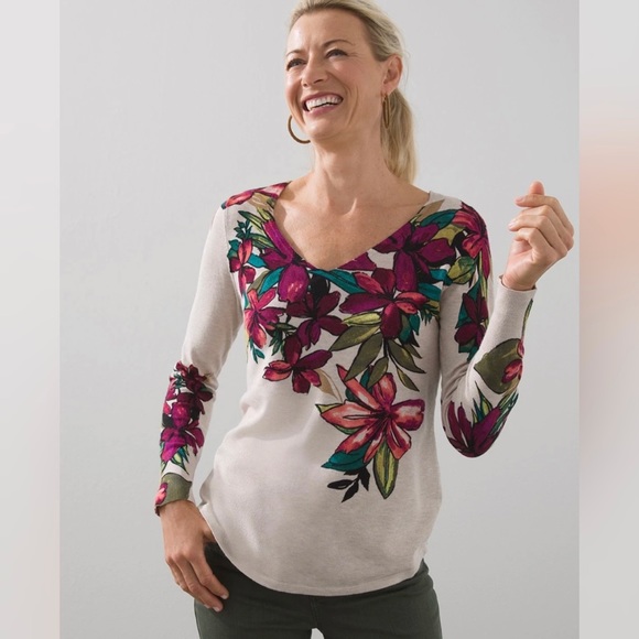 Chico's Sweaters - [ Chico’s ] Colorful Floral Print V-Neck Pullover Sweater • Cream • Size 0